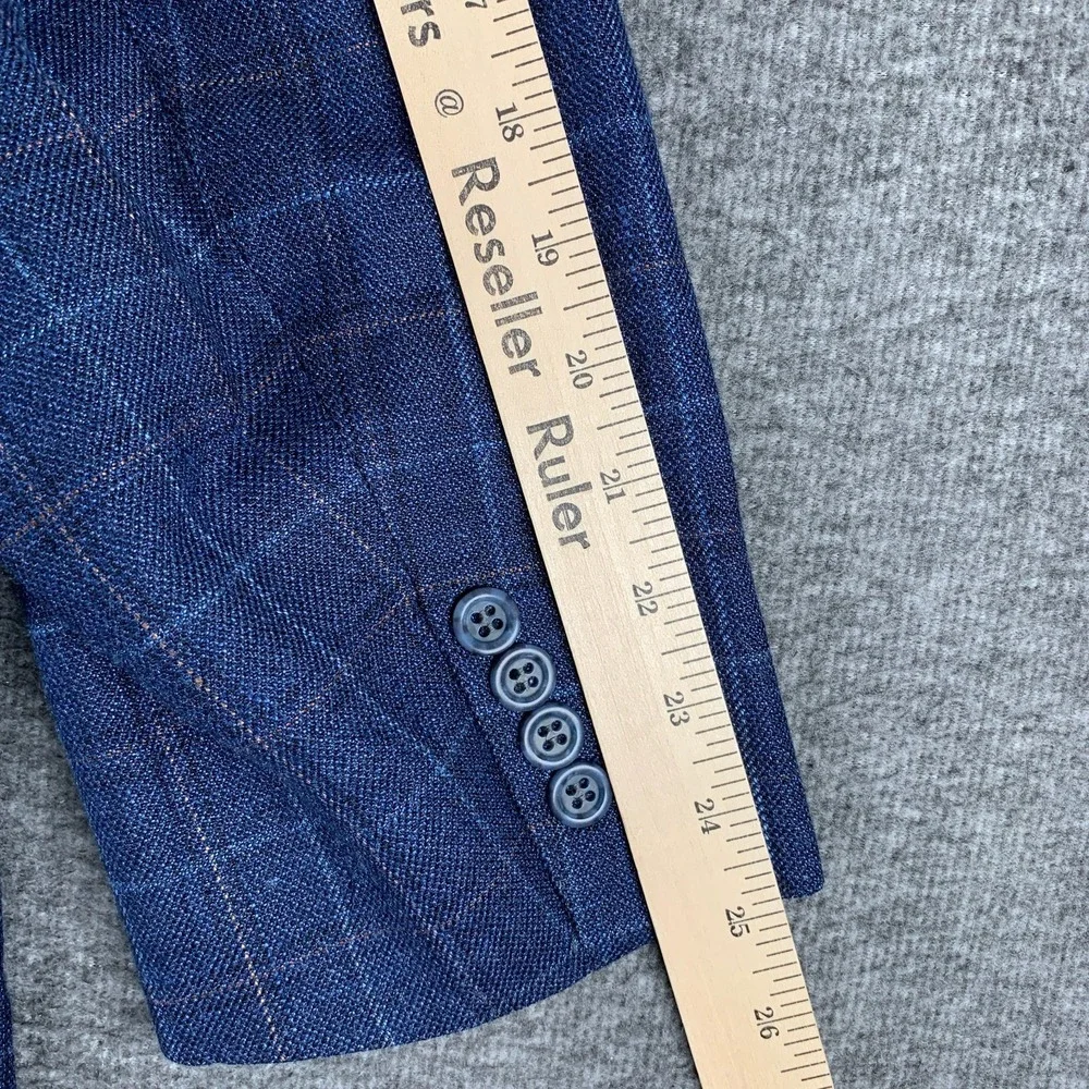 Jack Victor Blazer Jacket Men 54R E Thomas Linen Silk Kingwood Windowpane Blue